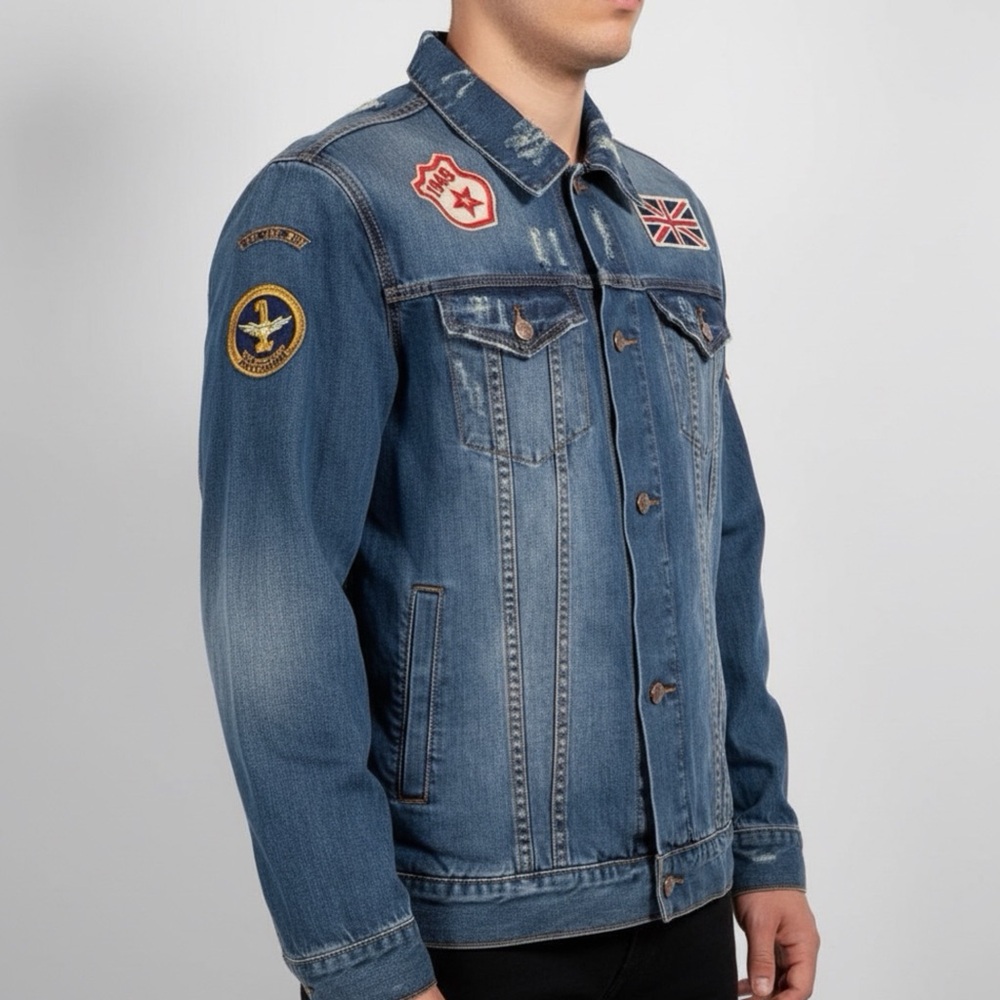 Kilogram Jacket Mens XL Trucker Distressed Denim Patch Biker Rocker Rapper Moto